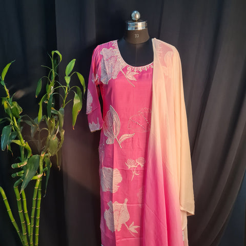 Suit Set With Dupatta (Top-Muslin, Bottom-Santoon, Dupatta-Chiffon) Pink White Floral Cutdana Embroidery 17406