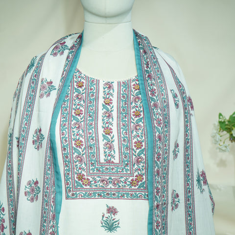 White Green Floral Print Suit Set With Dupatta (Top-Malmal,Bottom-Malmal,Dupatta-Malmal)