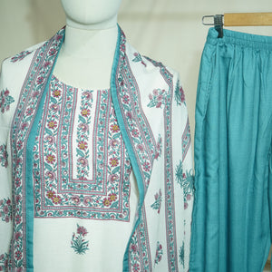 White Green Floral Print Suit Set With Dupatta (Top-Malmal,Bottom-Malmal,Dupatta-Malmal)