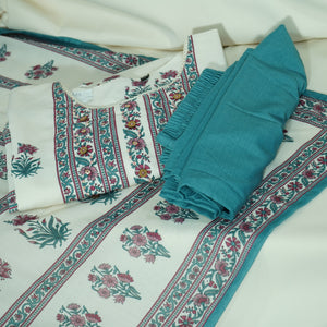 White Green Floral Print Suit Set With Dupatta (Top-Malmal,Bottom-Malmal,Dupatta-Malmal)