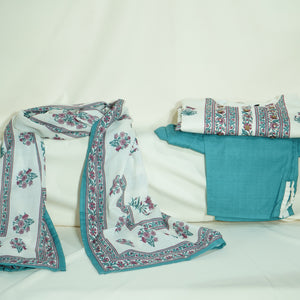 White Green Floral Print Suit Set With Dupatta (Top-Malmal,Bottom-Malmal,Dupatta-Malmal)