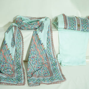 Suit Set With Dupatta (Top-Malmal, Bottom-Malmal, Dupatta-Malmal) Sage Green Madhubani Print  17420