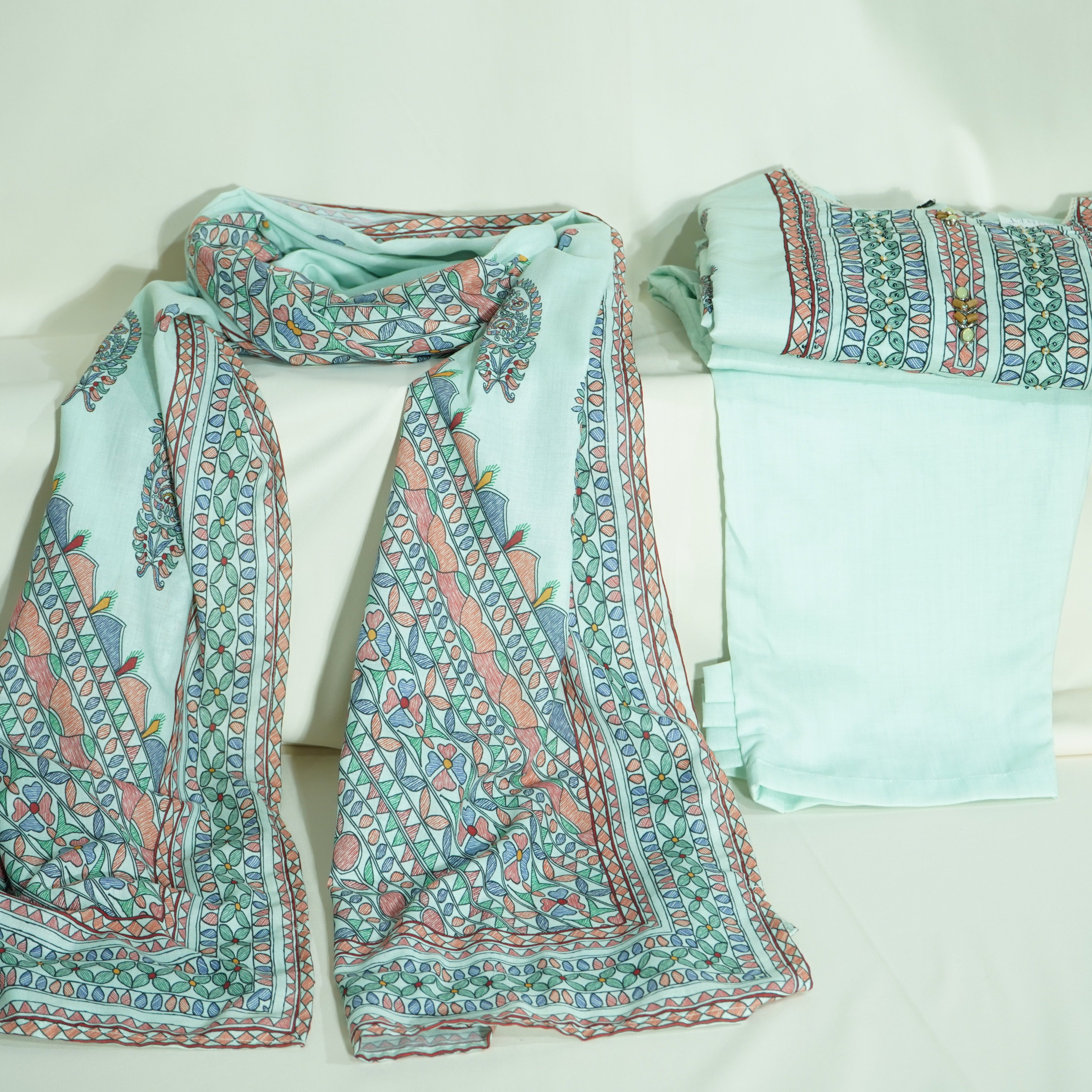 Suit Set With Dupatta (Top-Malmal, Bottom-Malmal, Dupatta-Malmal) Sage Green Madhubani Print  17420