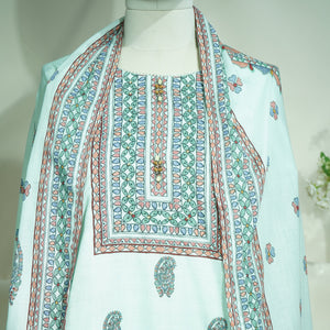 Suit Set With Dupatta (Top-Malmal, Bottom-Malmal, Dupatta-Malmal) Sage Green Madhubani Print  17420