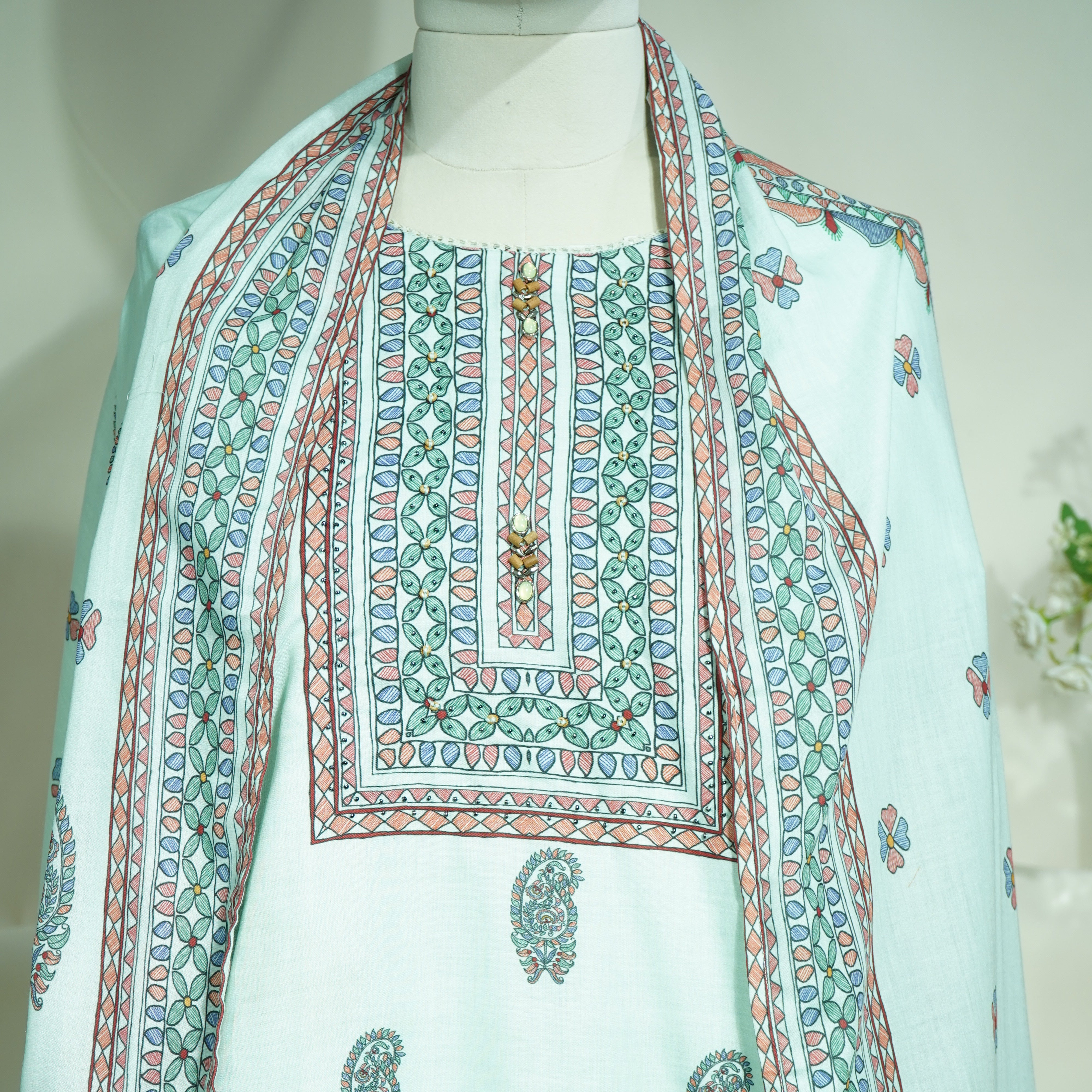 Suit Set With Dupatta (Top-Malmal, Bottom-Malmal, Dupatta-Malmal) Sage Green Madhubani Print  17420