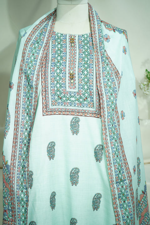 Suit Set With Dupatta (Top-Malmal, Bottom-Malmal, Dupatta-Malmal) Sage Green Madhubani Print  17420