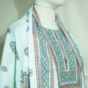 Suit Set With Dupatta (Top-Malmal, Bottom-Malmal, Dupatta-Malmal) Sage Green Madhubani Print  17420