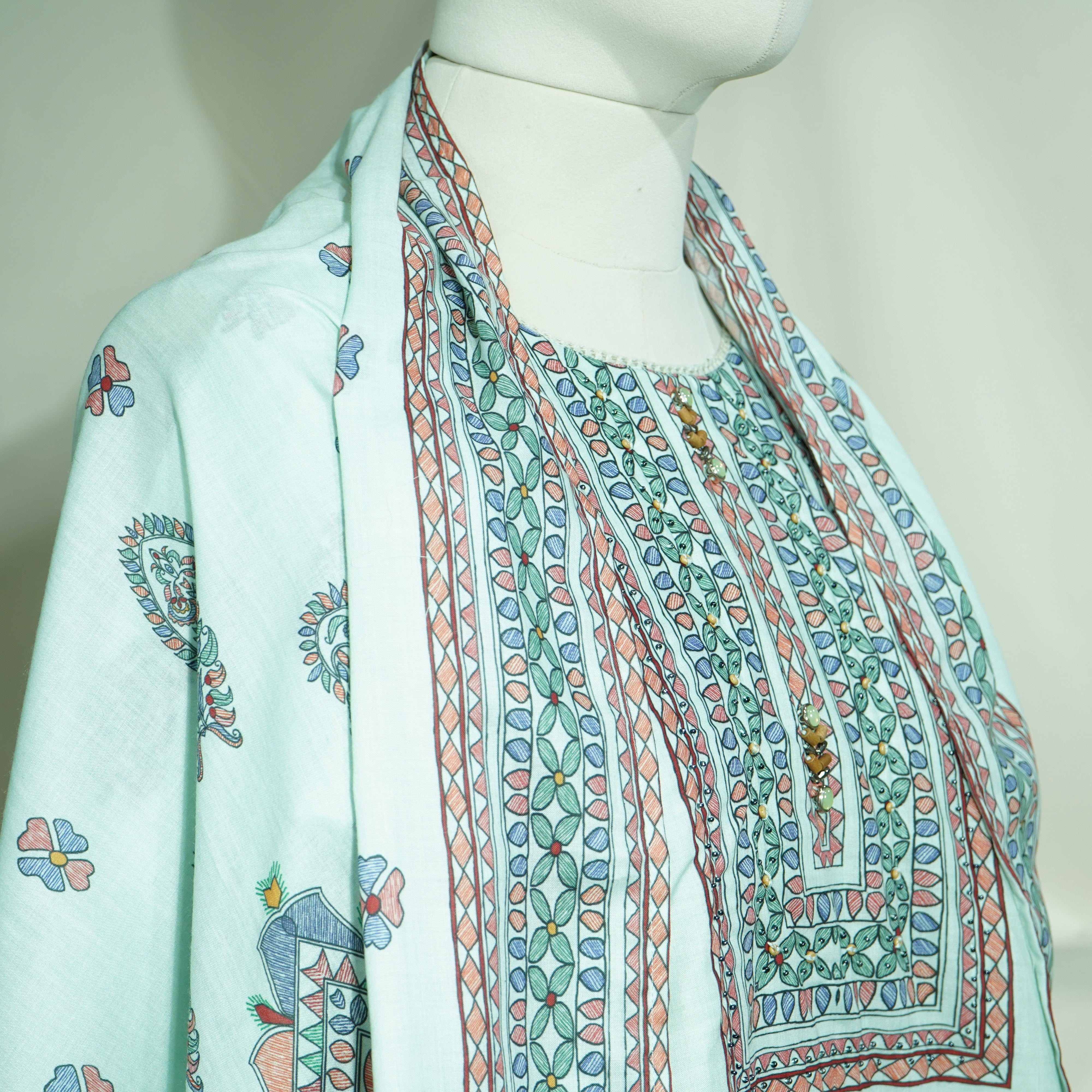 Suit Set With Dupatta (Top-Malmal, Bottom-Malmal, Dupatta-Malmal) Sage Green Madhubani Print  17420