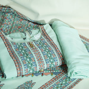 Suit Set With Dupatta (Top-Malmal, Bottom-Malmal, Dupatta-Malmal) Sage Green Madhubani Print  17420