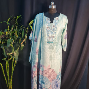 Suit Set With Dupatta (Top-Cotton Linen, Bottom-Santoon, Dupatta-Cotton Linen) Sea Blue Thred Embroidery Lace 17421