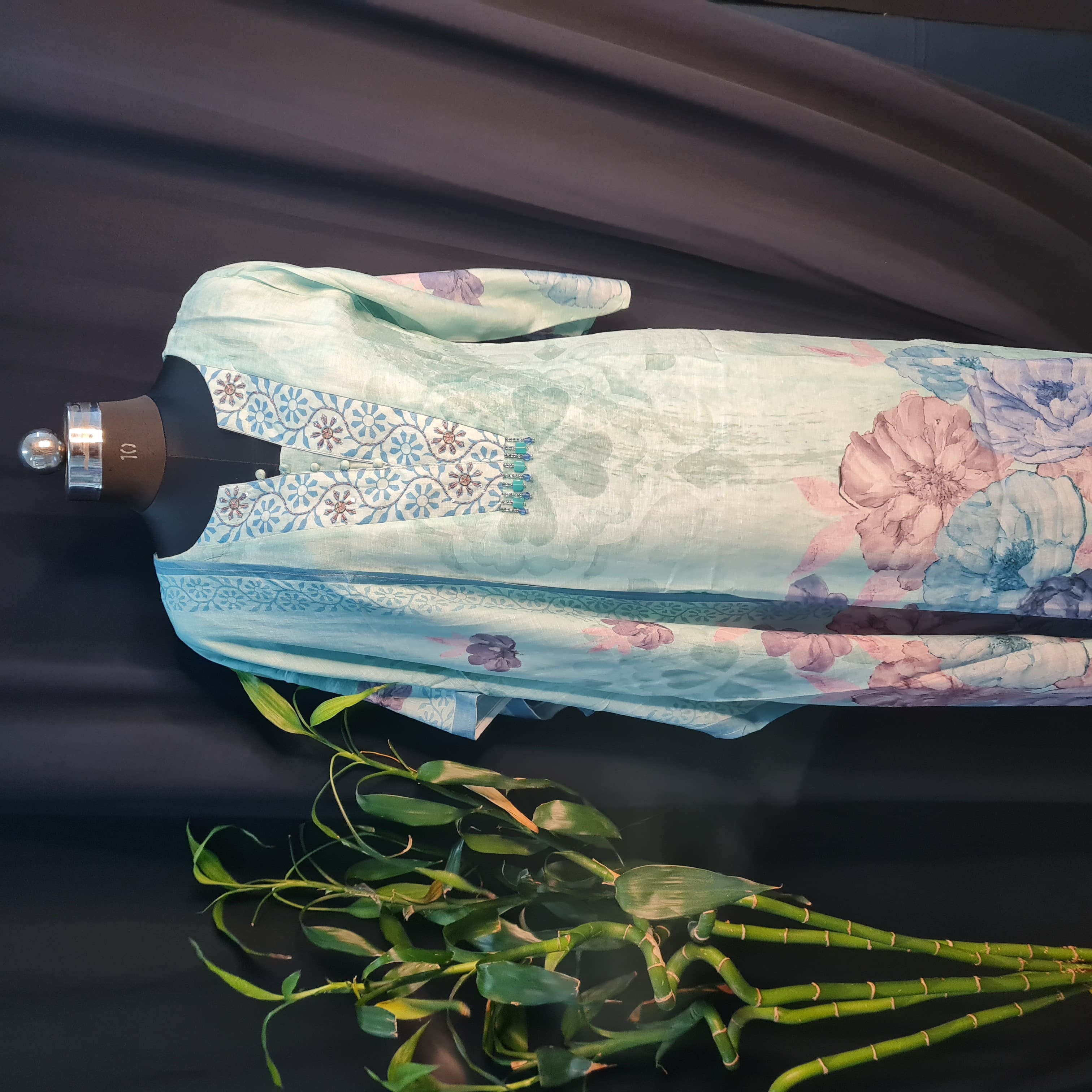 Suit Set With Dupatta (Top-Cotton Linen, Bottom-Santoon, Dupatta-Cotton Linen) Sea Blue Thred Embroidery Lace 17421