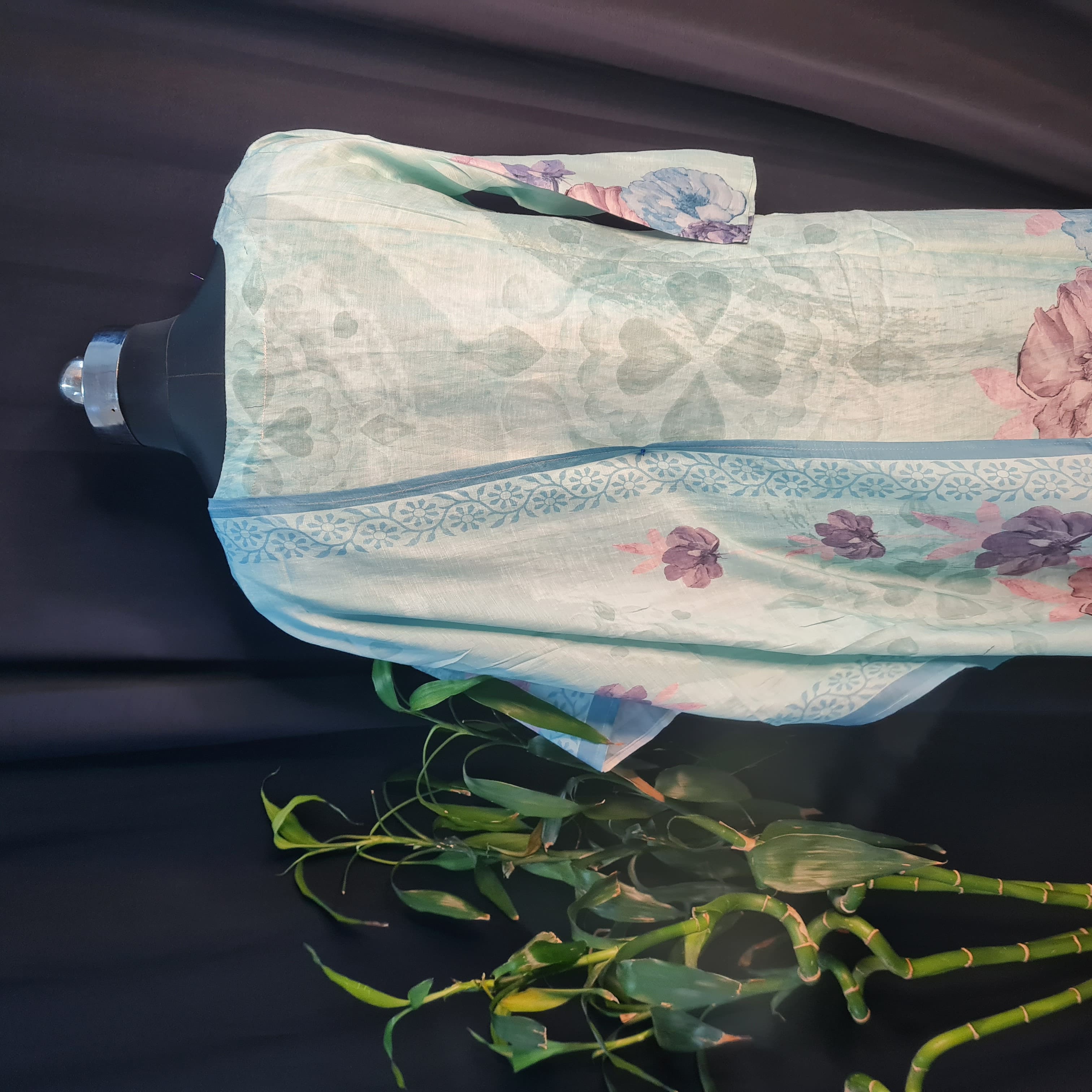 Suit Set With Dupatta (Top-Cotton Linen, Bottom-Santoon, Dupatta-Cotton Linen) Sea Blue Thred Embroidery Lace 17421