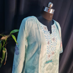 Suit Set With Dupatta (Top-Cotton Linen, Bottom-Santoon, Dupatta-Cotton Linen) Sea Blue Thred Embroidery Lace 17421