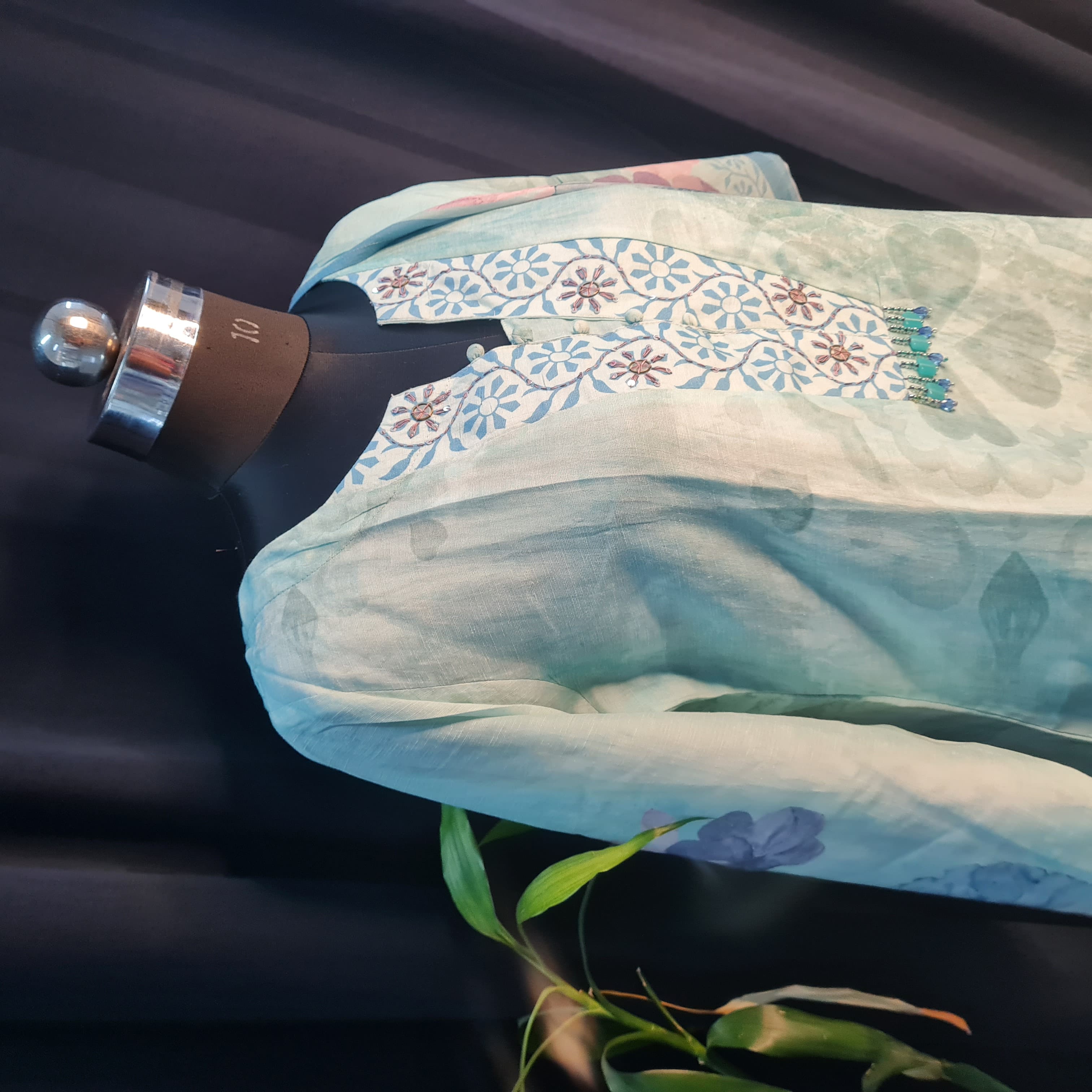 Suit Set With Dupatta (Top-Cotton Linen, Bottom-Santoon, Dupatta-Cotton Linen) Sea Blue Thred Embroidery Lace 17421