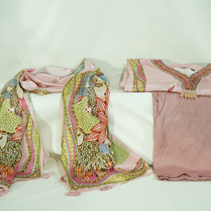 Pink Thread Sequins Lace Embroidery Suit Set With Dupatta (Top-Muslin, Bottom-Santoon, Dupatta-Chiffon)