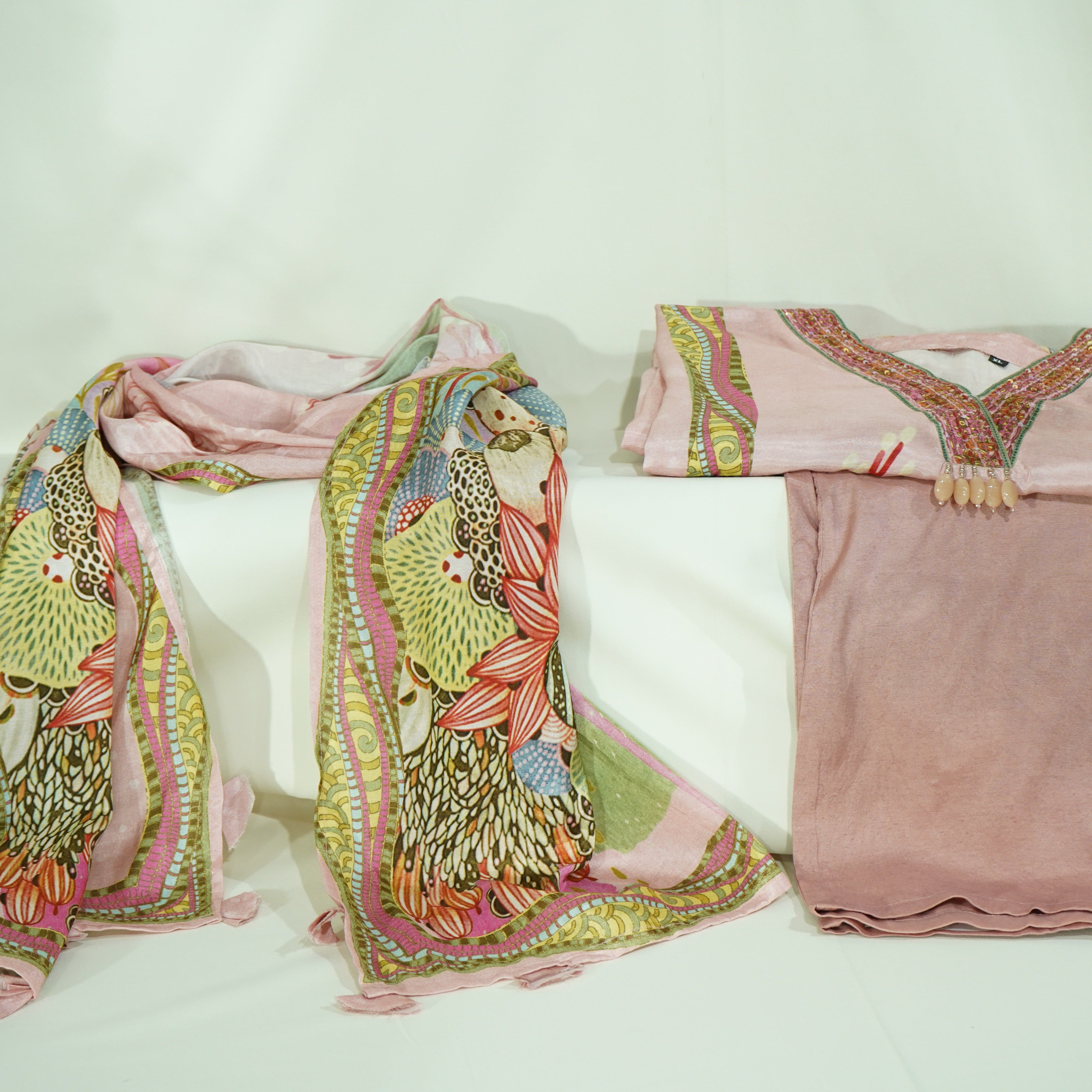 Pink Thread Sequins Lace Embroidery Suit Set With Dupatta (Top-Muslin, Bottom-Santoon, Dupatta-Chiffon)