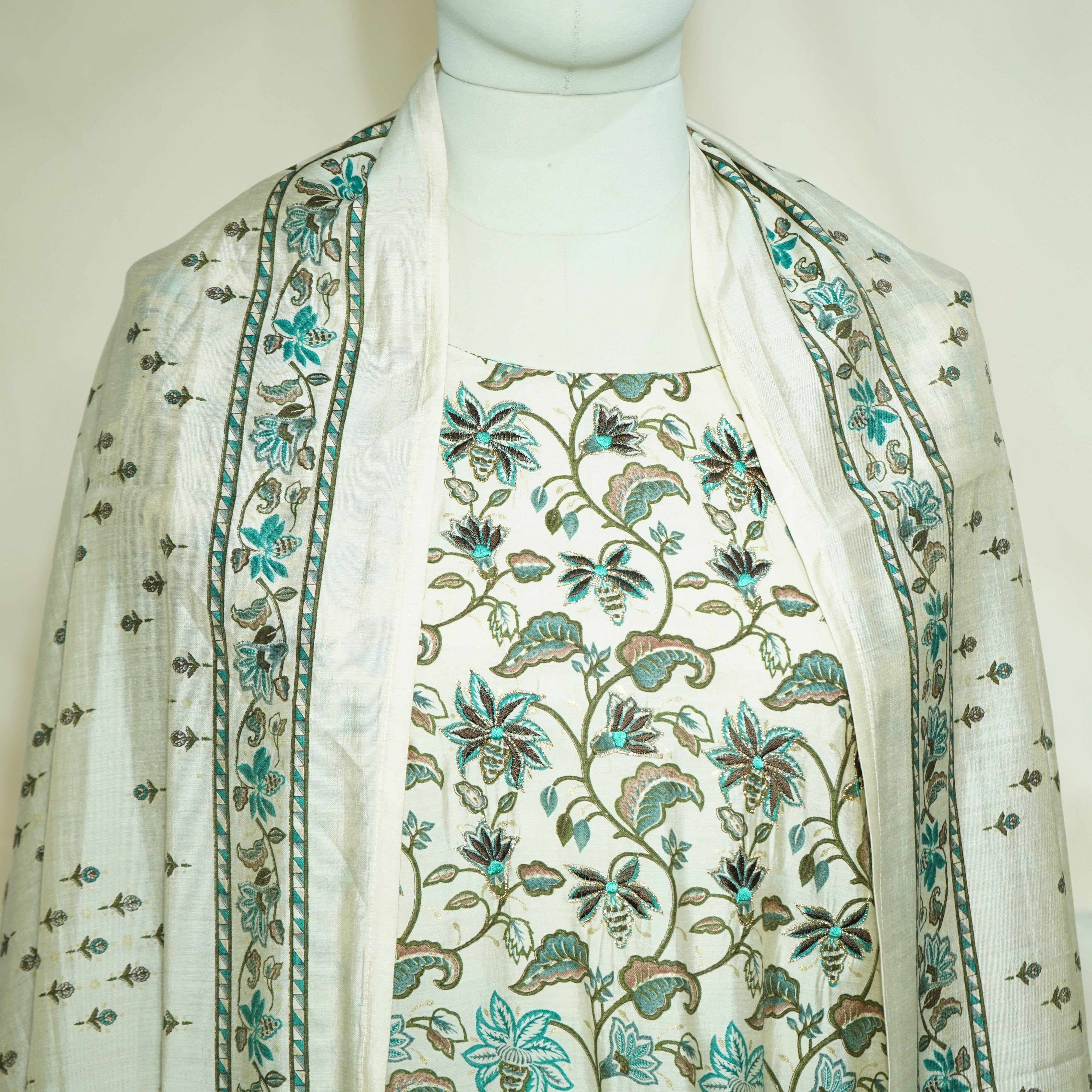 Suit Set With Dupatta (Top-Cotton Silk, Bottom-Cotton Silk, Dupatta-Cotton Silk) Creame Brown Tropical Print 17423