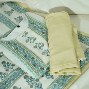 Suit Set With Dupatta (Top-Cotton Silk, Bottom-Cotton Silk, Dupatta-Cotton Silk) Creame Brown Tropical Print 17423