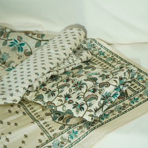 Suit Set With Dupatta (Top-Cotton Silk, Bottom-Cotton Silk, Dupatta-Cotton Silk) Creame Brown Tropical Print 17423