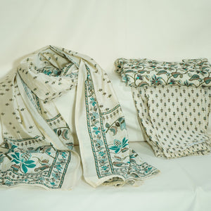 Suit Set With Dupatta (Top-Cotton Silk, Bottom-Cotton Silk, Dupatta-Cotton Silk) Creame Brown Tropical Print 17423
