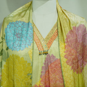 Suit Set With Dupatta (Top-Muslin, Bottom-Santoon, Dupatta-Chiffon) Light Green Thread Lace Embroidery 17425