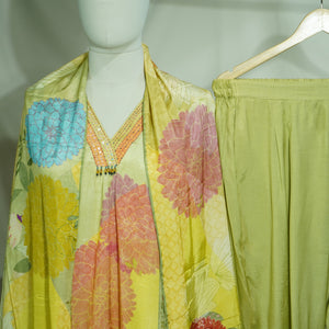 Suit Set With Dupatta (Top-Muslin, Bottom-Santoon, Dupatta-Chiffon) Light Green Thread Lace Embroidery 17425