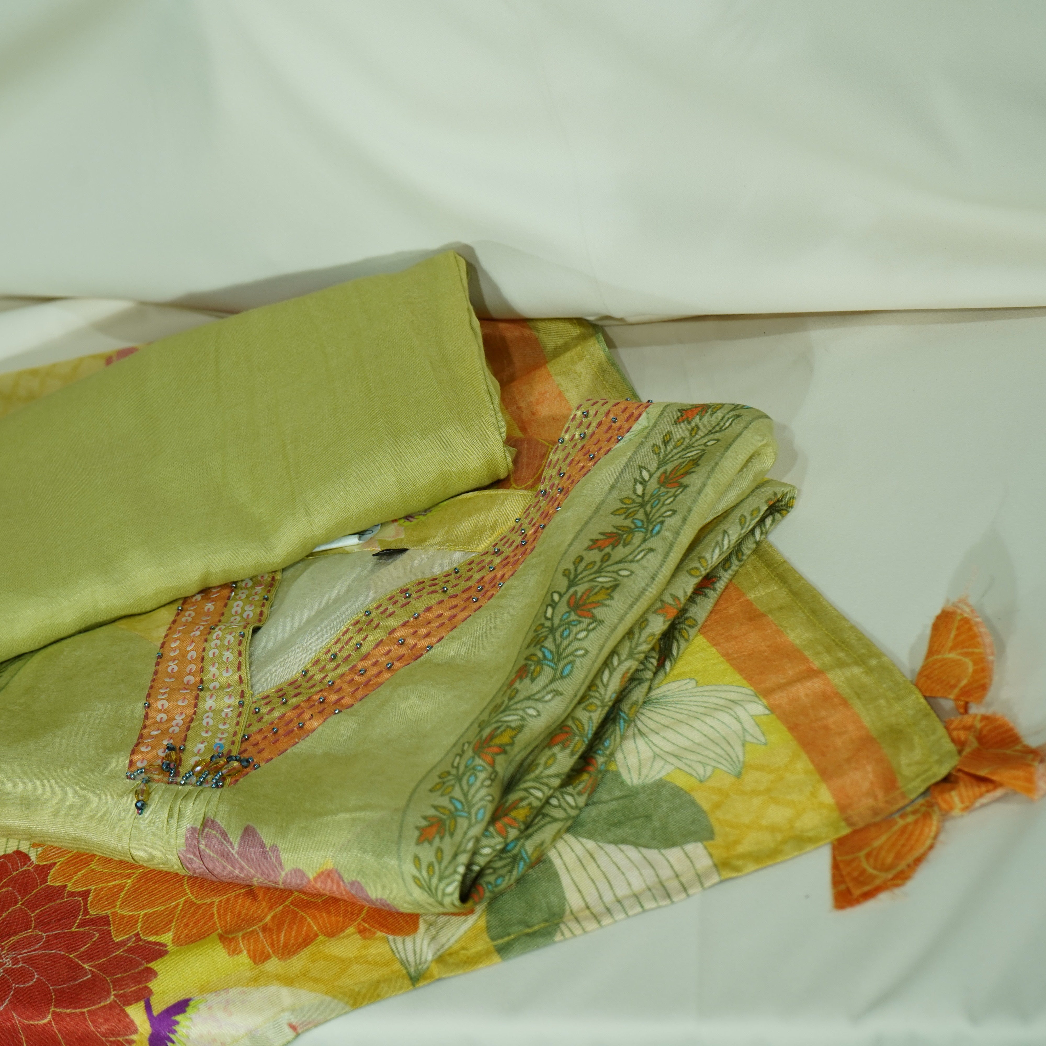 Suit Set With Dupatta (Top-Muslin, Bottom-Santoon, Dupatta-Chiffon) Light Green Thread Lace Embroidery 17425