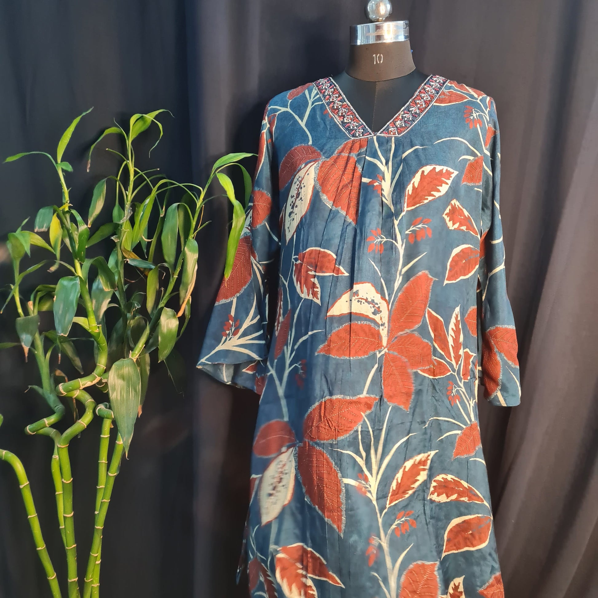 Suit Set With Dupatta (Top-Muslin, Bottom-Santoon, Dupatta-Chiffon) Navy Blue Tropical Print 17429