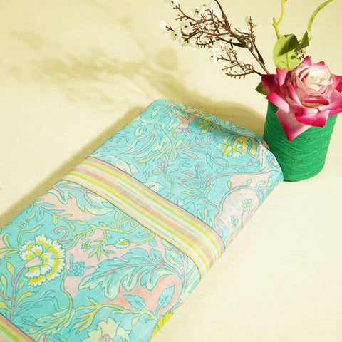 Blue Floral Stripes Print Cotton Silk GT-17476