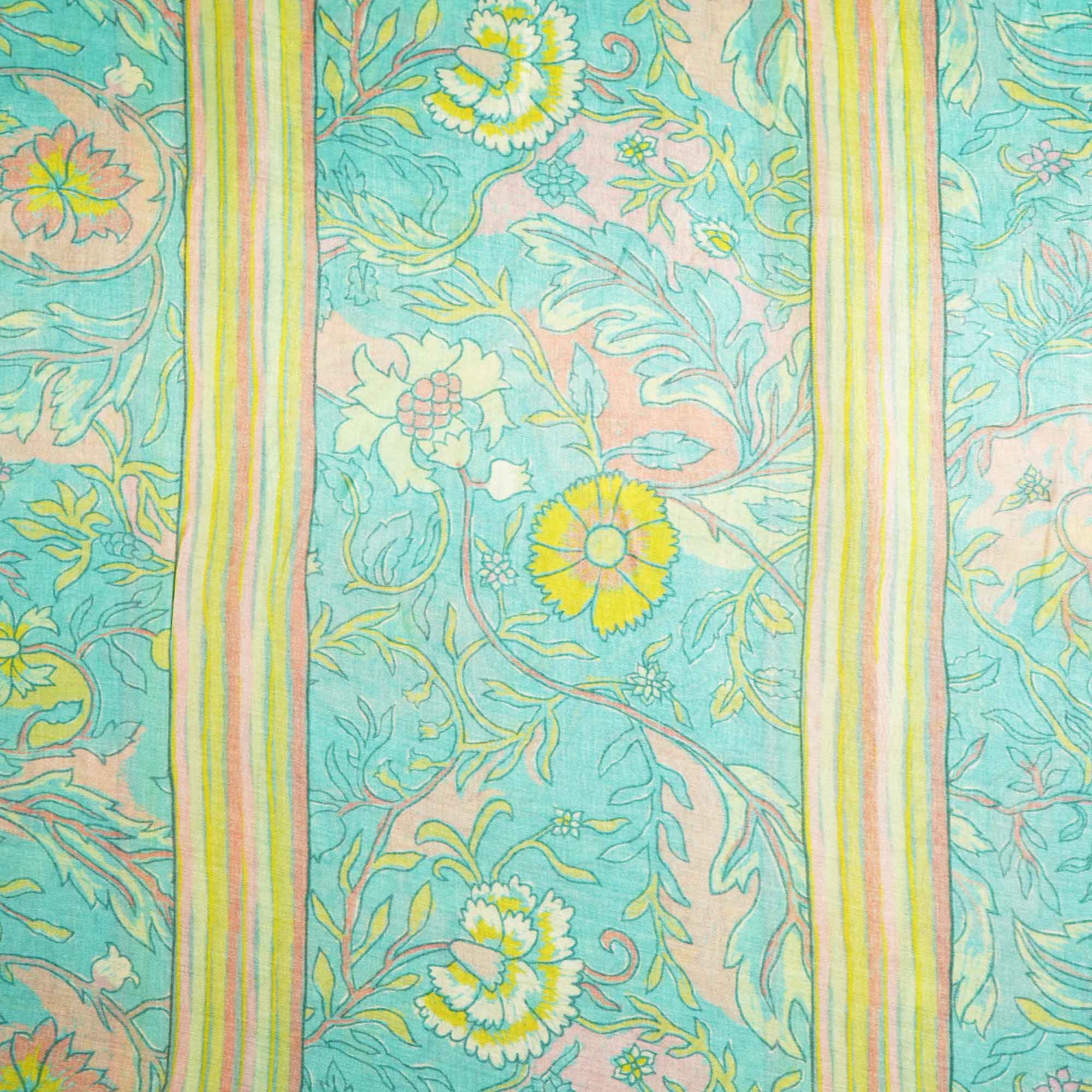 Blue Floral Stripes Print Cotton Silk GT-17476