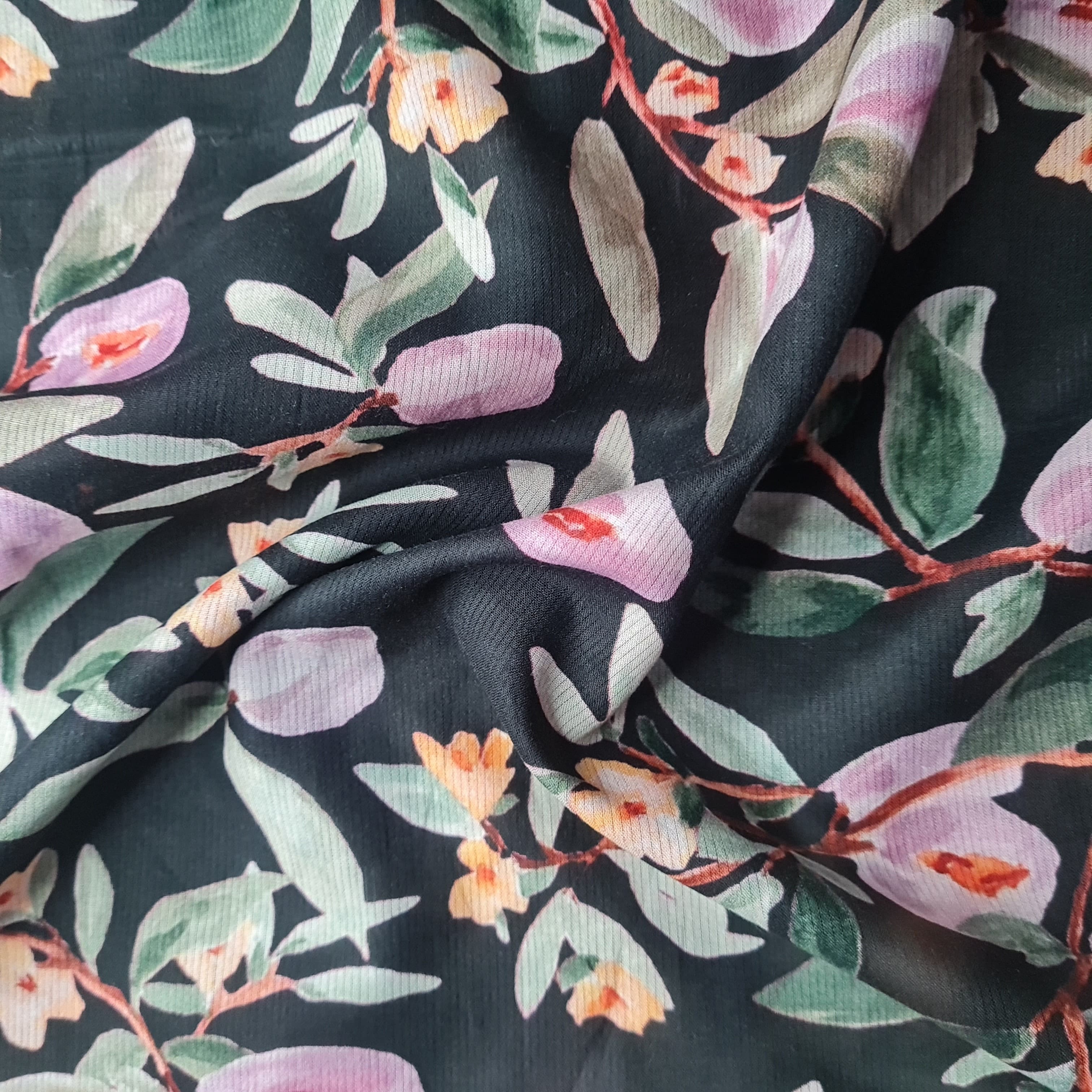 Premium Black Floral Print Cotton Fabric