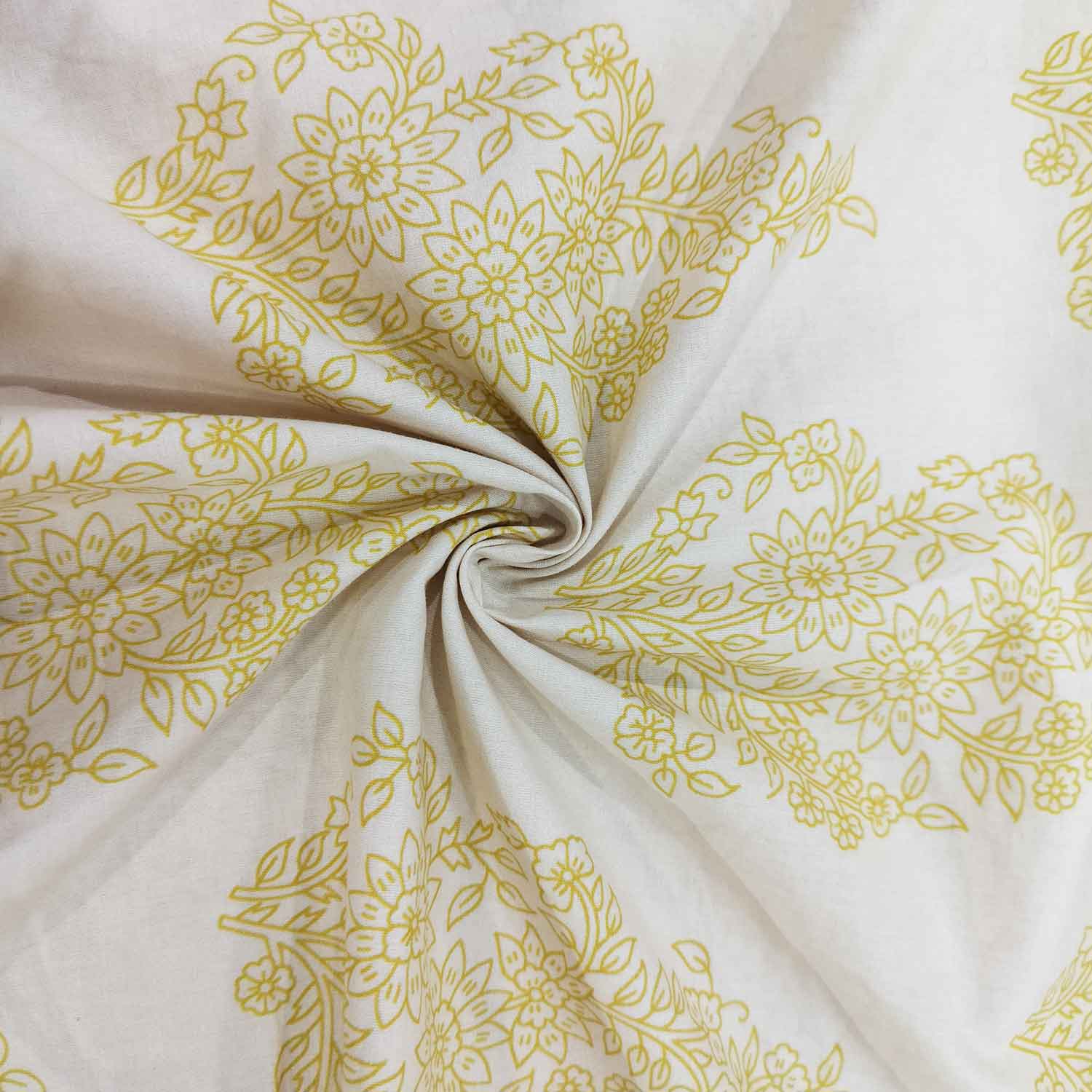 Off White & Mustard Floral Print Cotton Fabric RT-17574