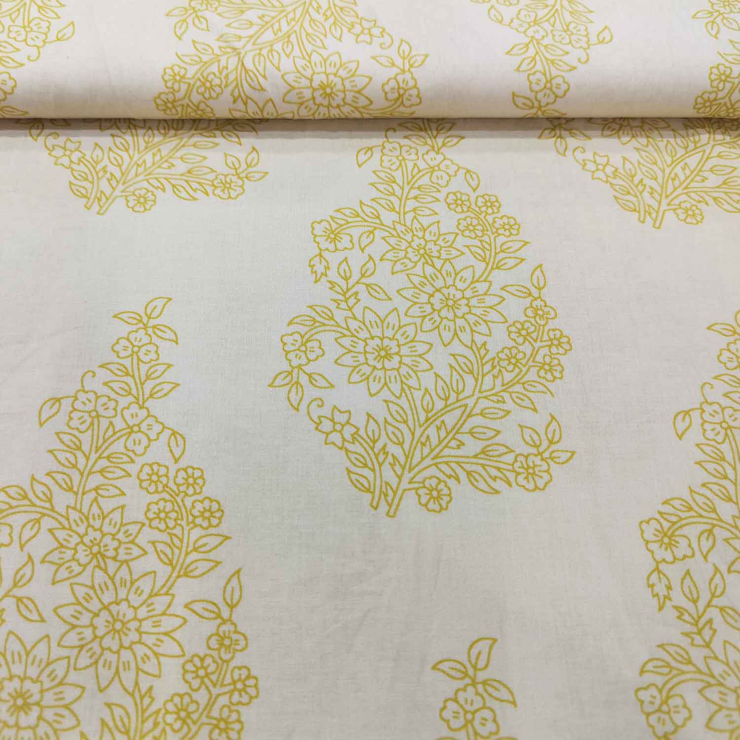 Off White & Mustard Floral Print Cotton Fabric RT-17574