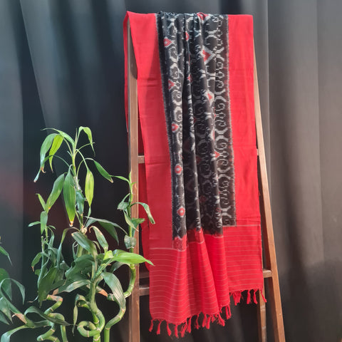 Premium Black and Red IKKAT Prints Dupatta Cotton Fabric