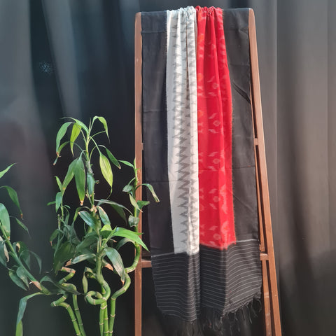 Premium Black and Red IKKAT Prints Dupatta Cotton Fabric