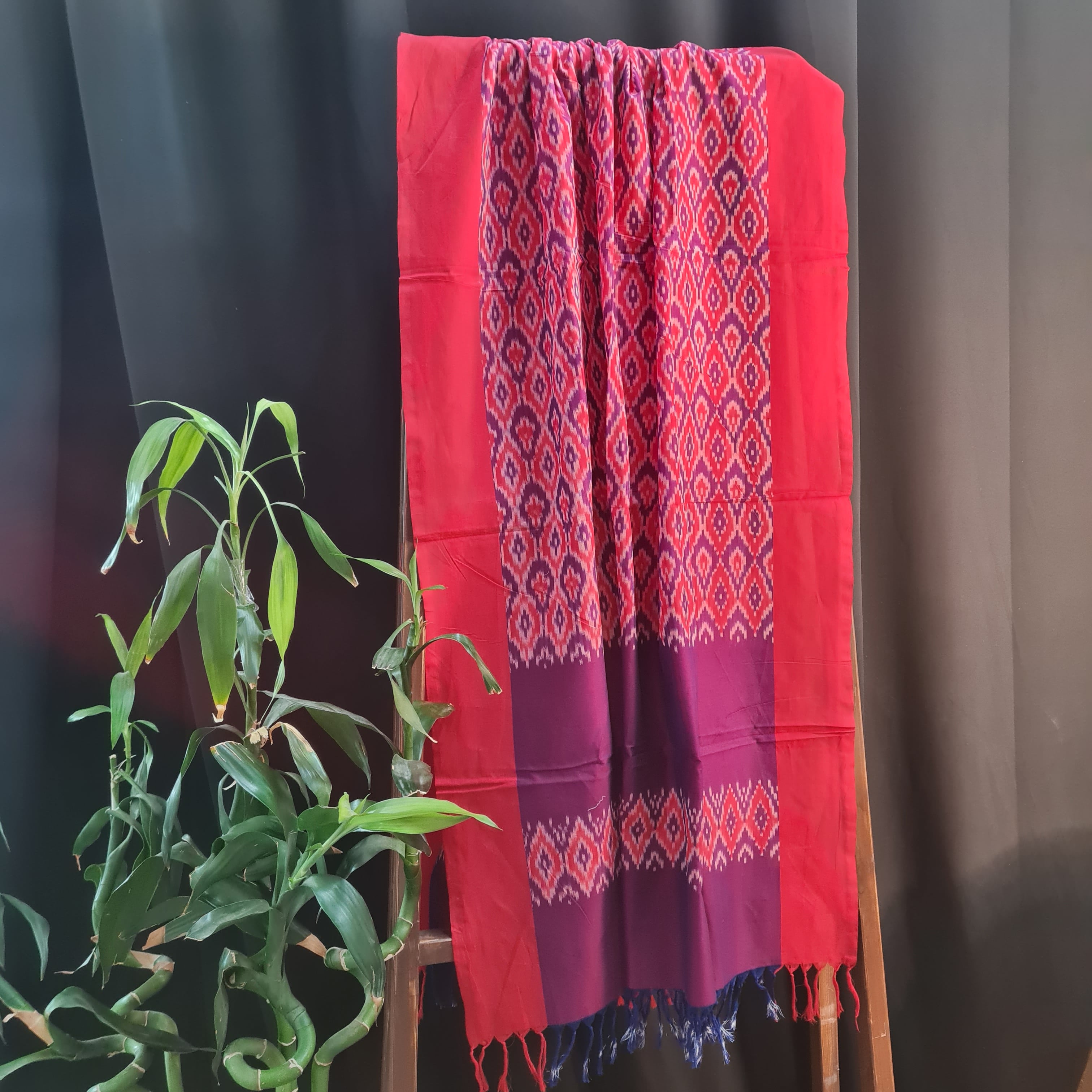 Premium Red and Blue Mercerized IKKAT Prints Dupatta Cotton Fabric