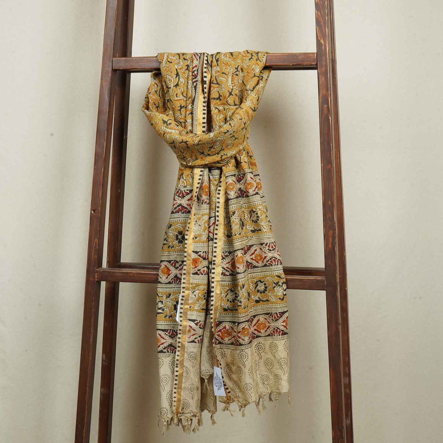 Black and Mustard Silk Kalamkari Prints Silk Dupatta AH-17635