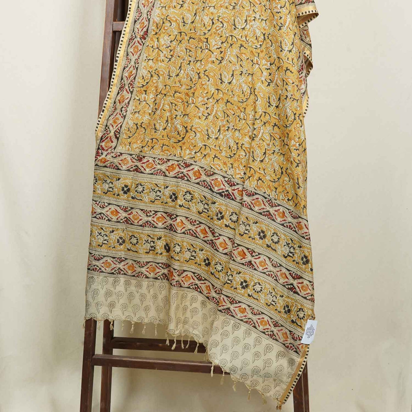 Black and Mustard Silk Kalamkari Prints Silk Dupatta AH-17635