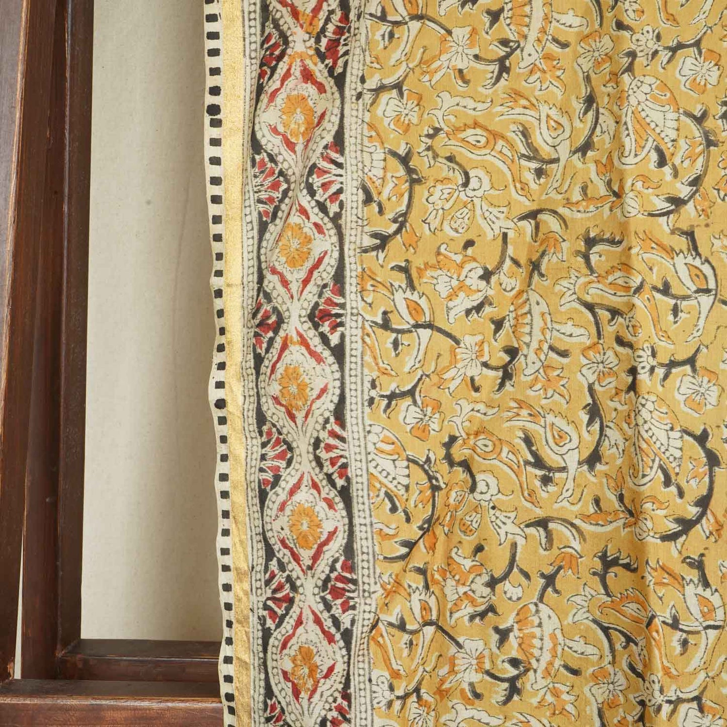 Black and Mustard Silk Kalamkari Prints Silk Dupatta AH-17635