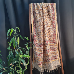 Premium Yellow and white Kalamkari Prints Dupatta Silk Fabric