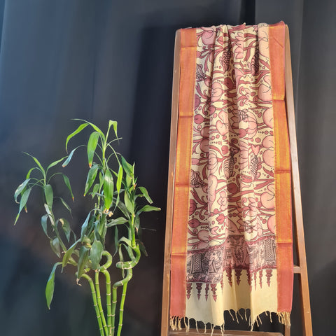 Premium Off White Rkalamkari Prints Pen Rkalamkari Dupatta Fabric