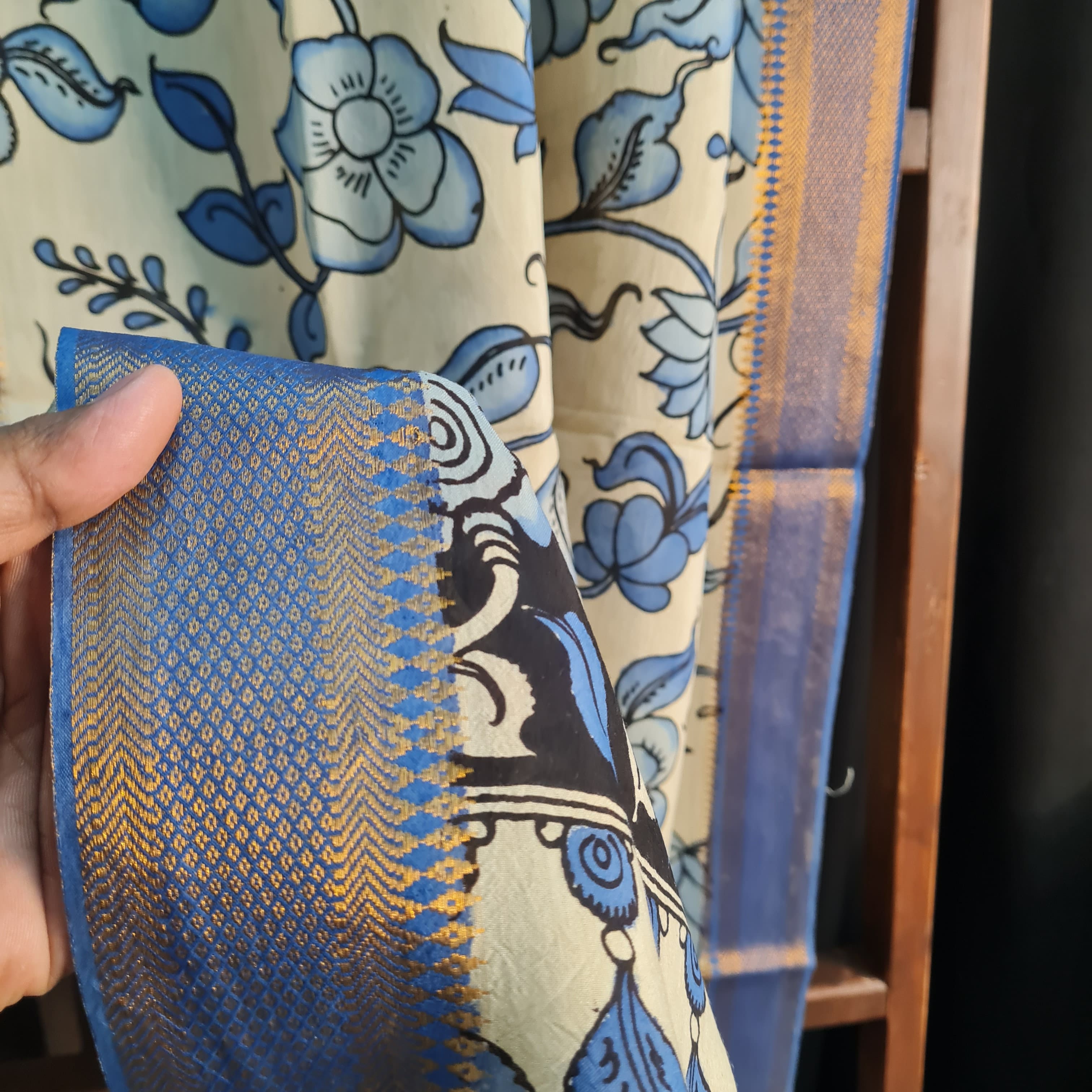 Premium Blue Rkalamkari Prints Pen Rkalamkari Dupatta Fabric
