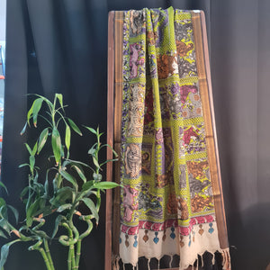 Premium  Light Green Kalamkari Prints Pen Kalamkari Dupatta Fabric