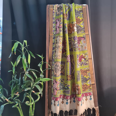 Premium  Light Green Kalamkari Prints Pen Kalamkari Dupatta Fabric