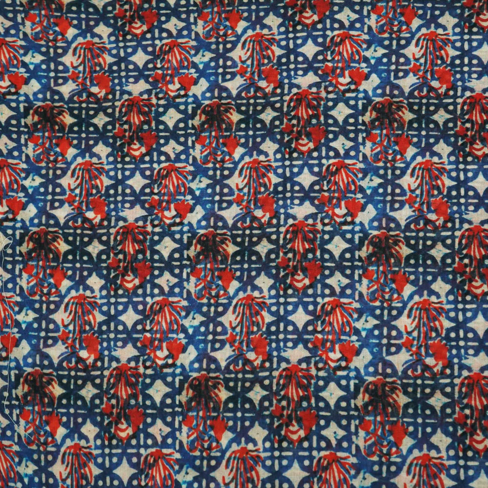 Red and White Indigo Handblock Print Mulmul Fabric GT-90-17714