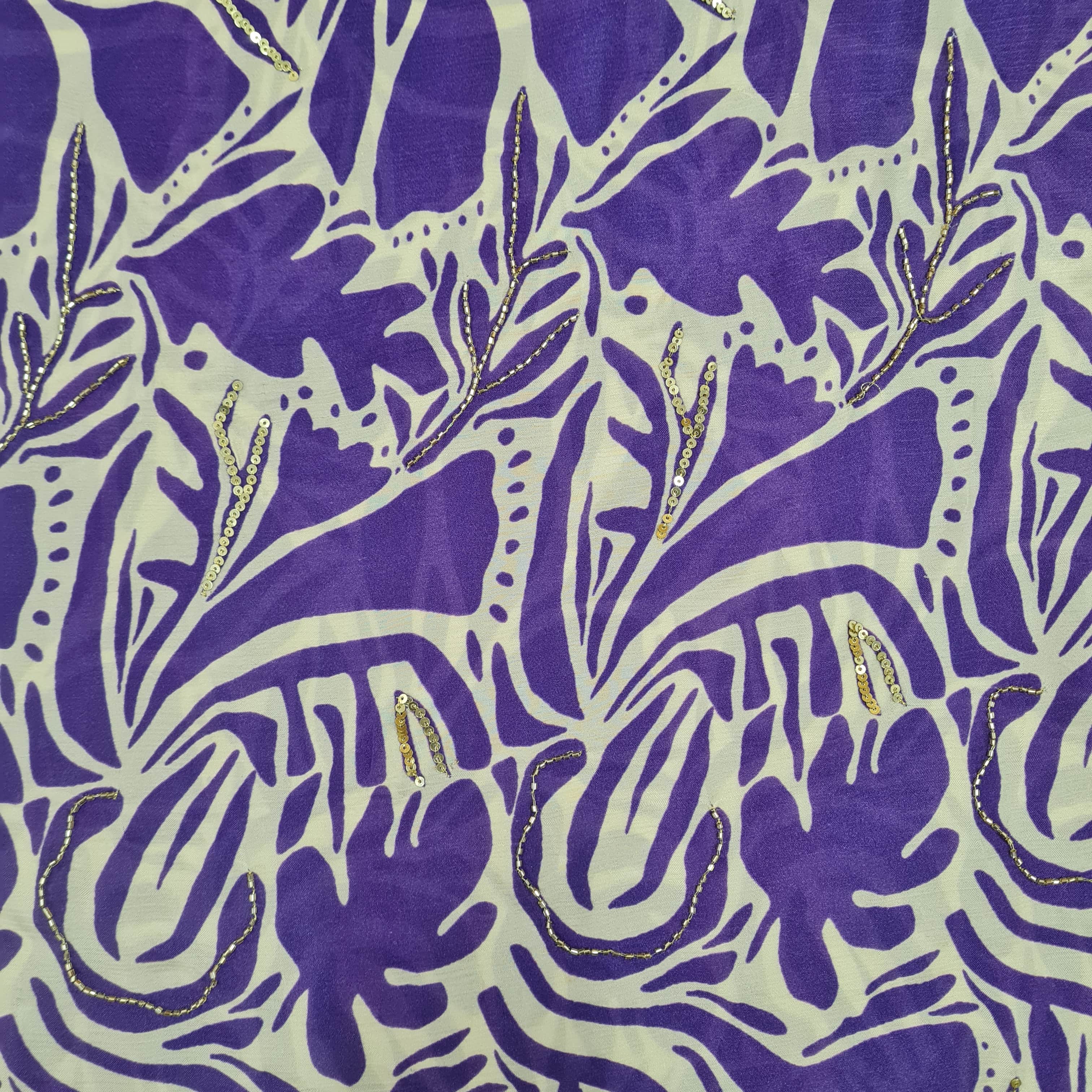 Premium Purple abstract Sequins Hand Embroidery Satin Chiffon
