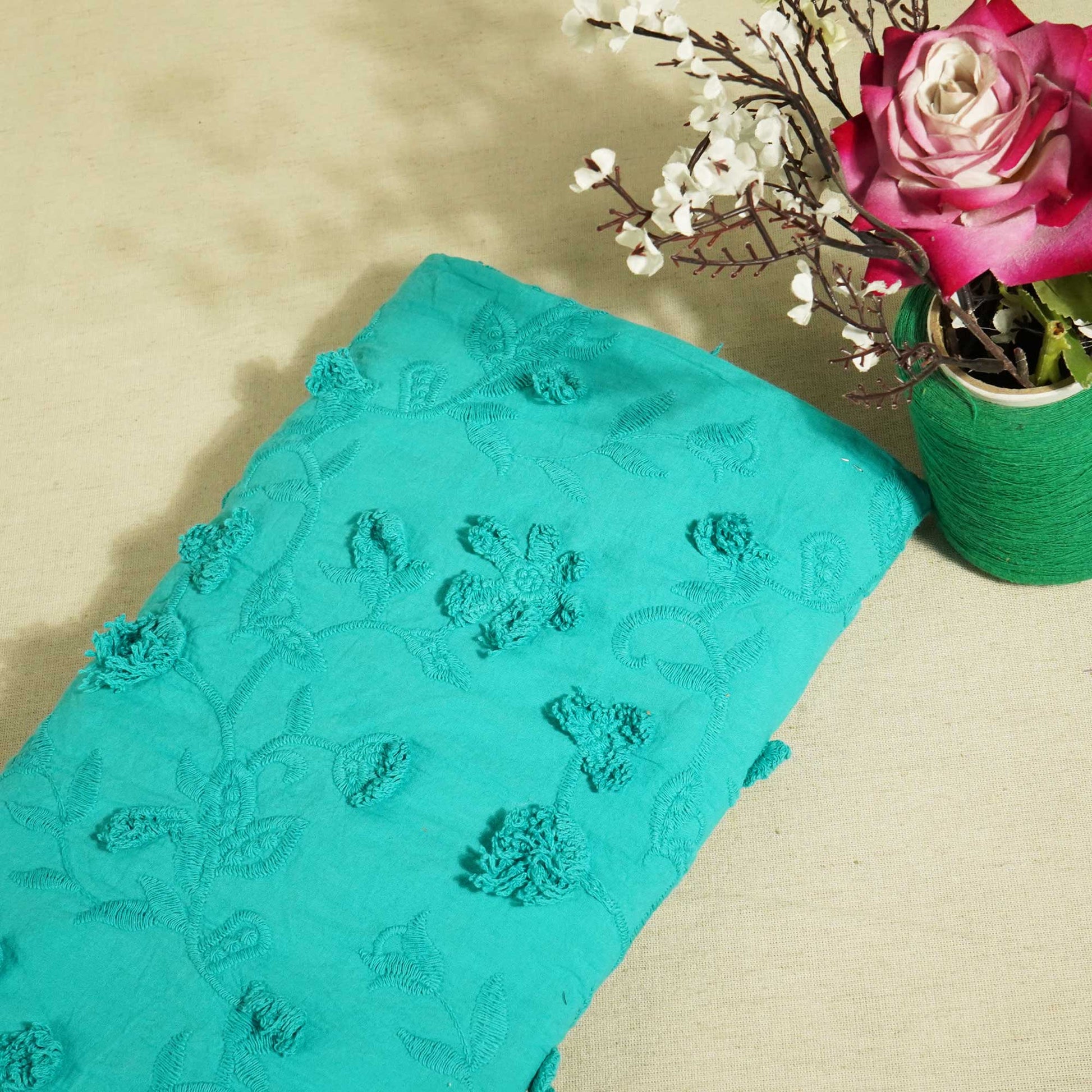Sky Blue 3D Embroidery Cotton Fabric PC-30-17754