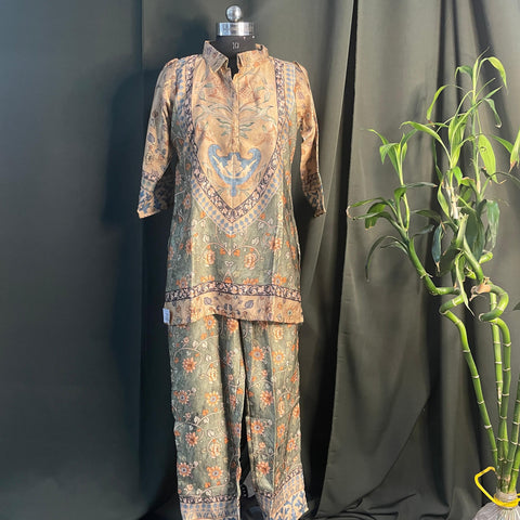 Brown and Green Floral Print Co-Ord Set(Satin Linen) 17809