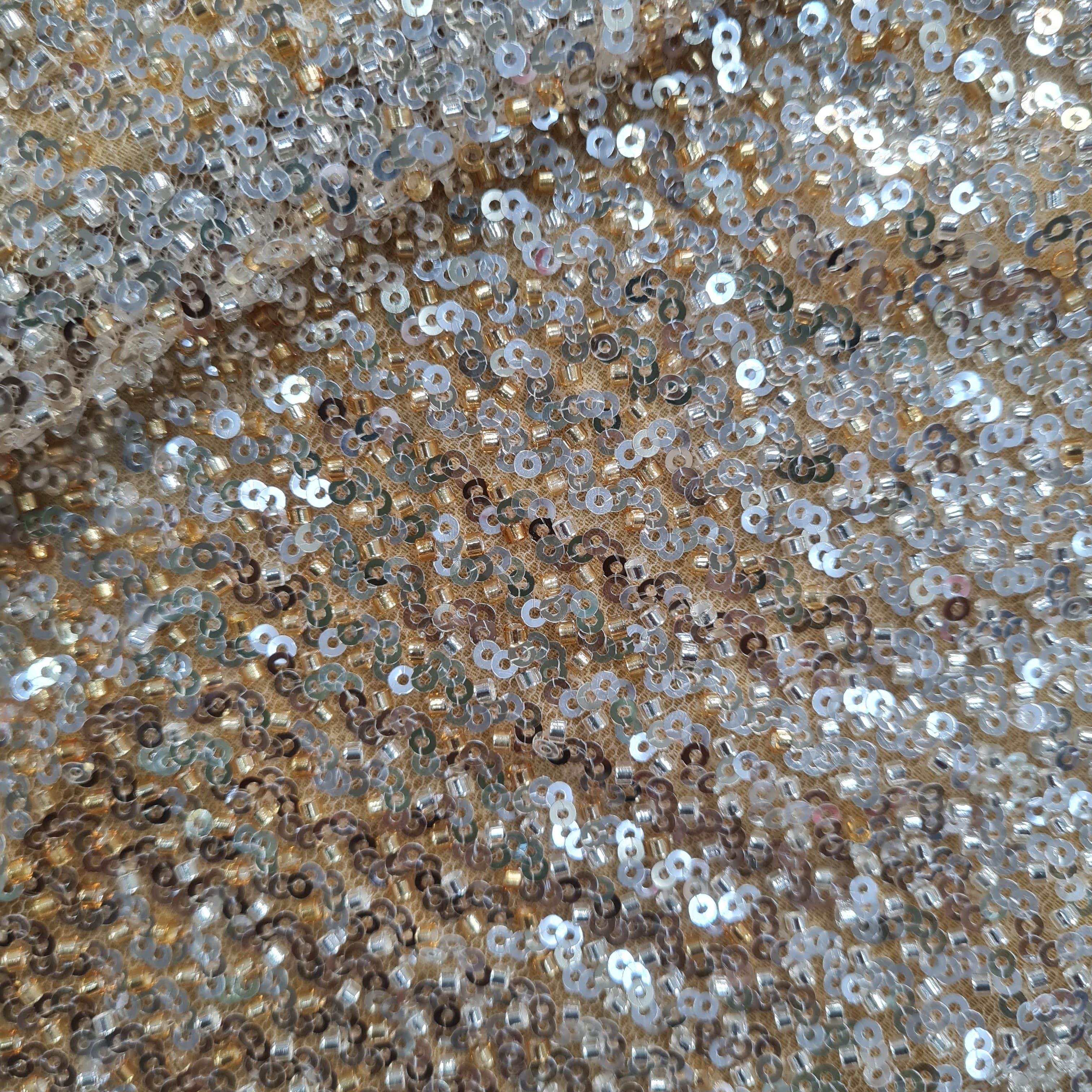 Beige and Gold Cut Dana Embroidery Net Fabric 17842