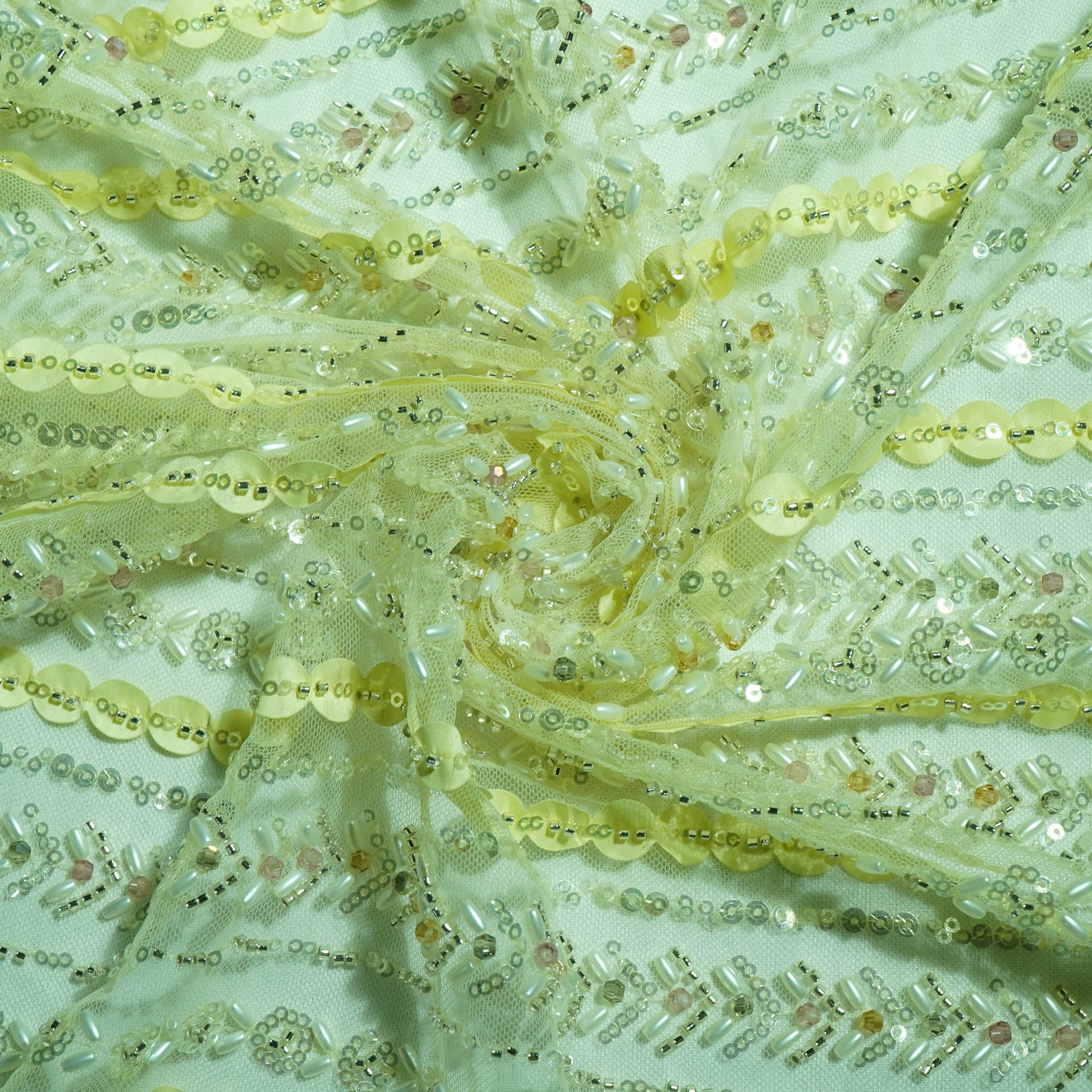 Yellow Rice Bead Cut Dana Embroidery Net Fabric